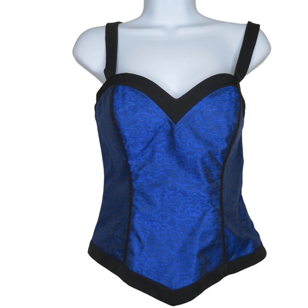 Vintage Couture Bustier Corset Top 6B Black Blue Brocade Lace Boning Zip Closure